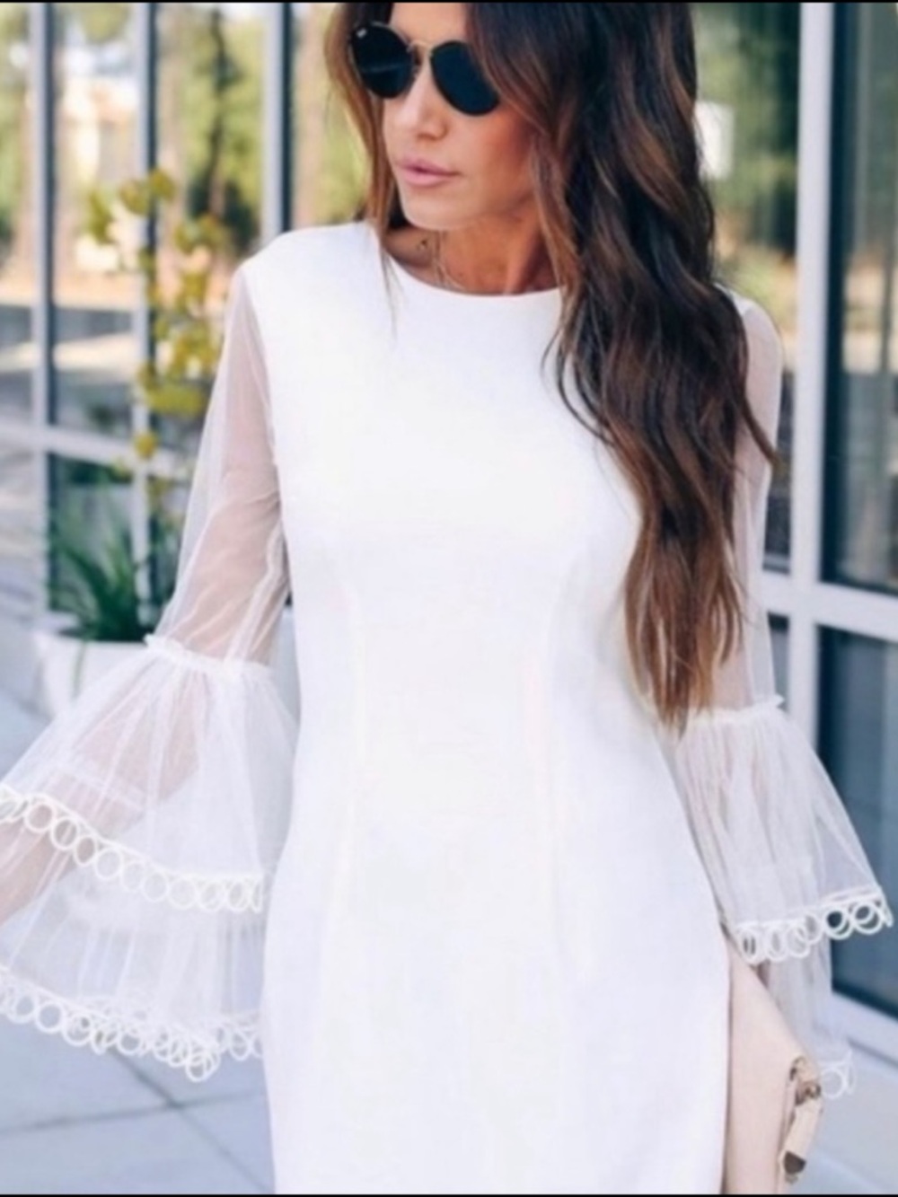 INA White Knit Mini Sheath Dress with Mesh Tiered Bell Sleeves